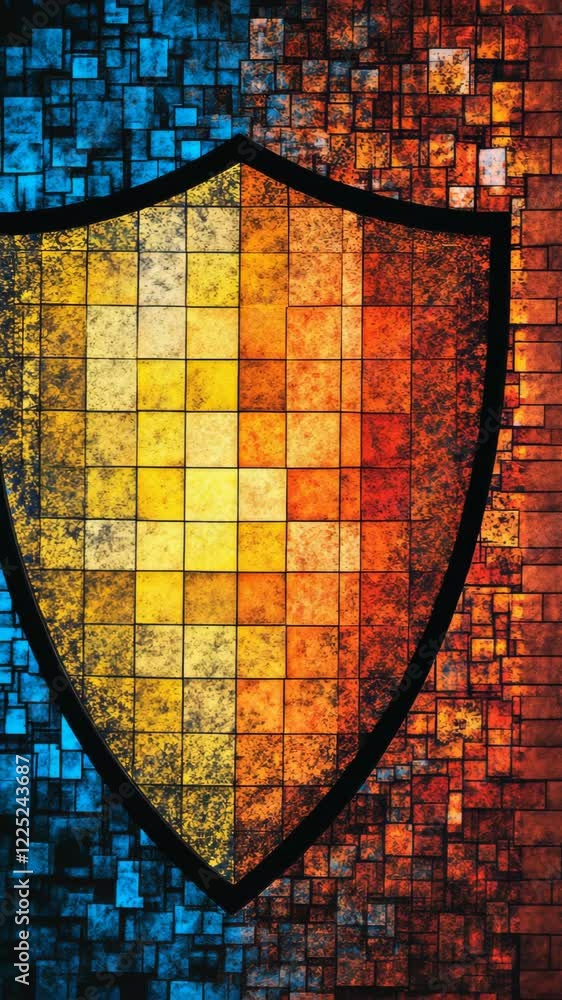 Poster colorful abstract shield design with geometric patterns and vibrant hues in a modern art composition