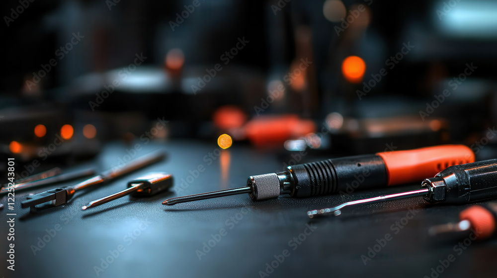 Aufkleber set of car electrical testing tools arranged on dark surface, showcasing precision and functionality