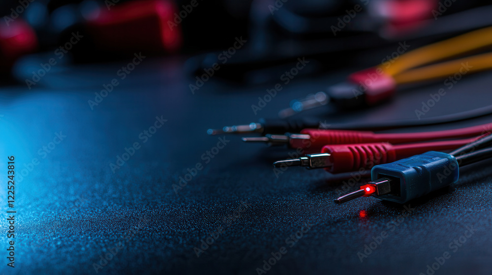 Poster electrical testing tools with red and black cables, illuminated in studio setting, showcase precisio