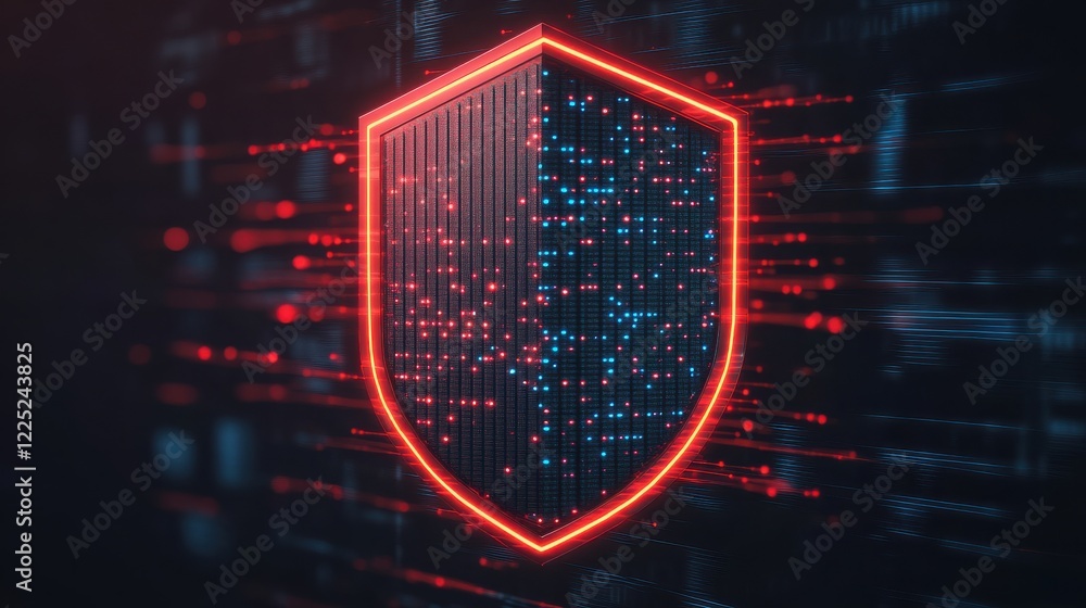 Poster stylized digital shield with glowing red edges, representing cybersecurity and data protection in a 