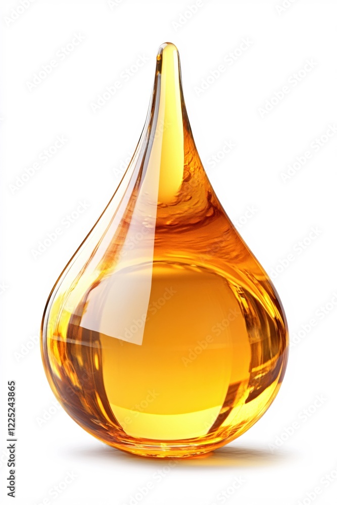 Poster golden liquid drop with smooth surface and light reflection on a white background