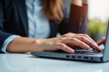 Fototapeta premium Focused Businesswoman Typing on Laptop in Modern Office Environment Amidst Natural Light Featuring a Professional Workspace and Elegant Hands