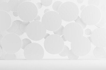 White abstract stage mockup - flying plastic circles as decor, copy space. Template 3D illustration scene in modern airy geometric style for presentation cosmetic products, goods, advertising, sale.