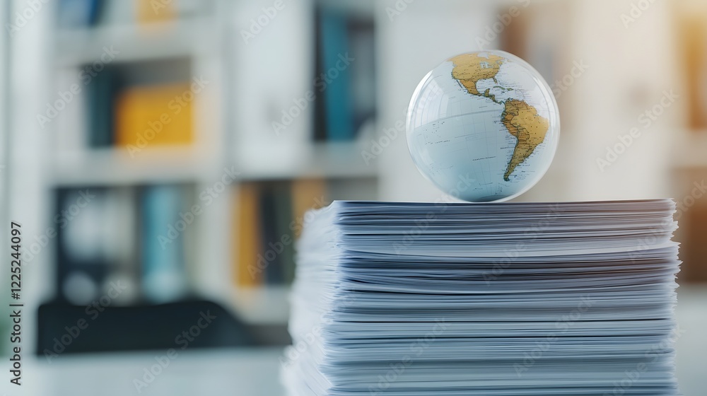 Poster glass globe balanced on document stack in an office setting,representing harmony between global
