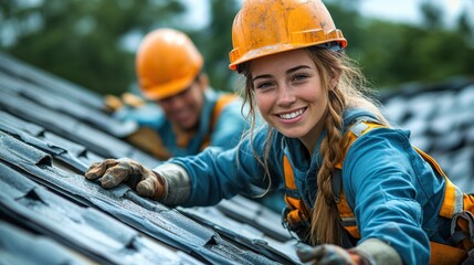 A cheerful female roofer works on a roof, wearing safety gear and a helmet, showcasing teamwork and professionalism in construction.