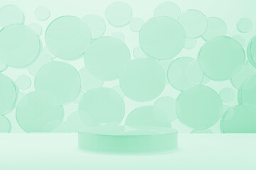 Green mint abstract stage mockup with plastic glossy round podium, flying circles decor. Template 3D illustration modern, gentle scene for presentation cosmetic products, goods, advertising, sale.