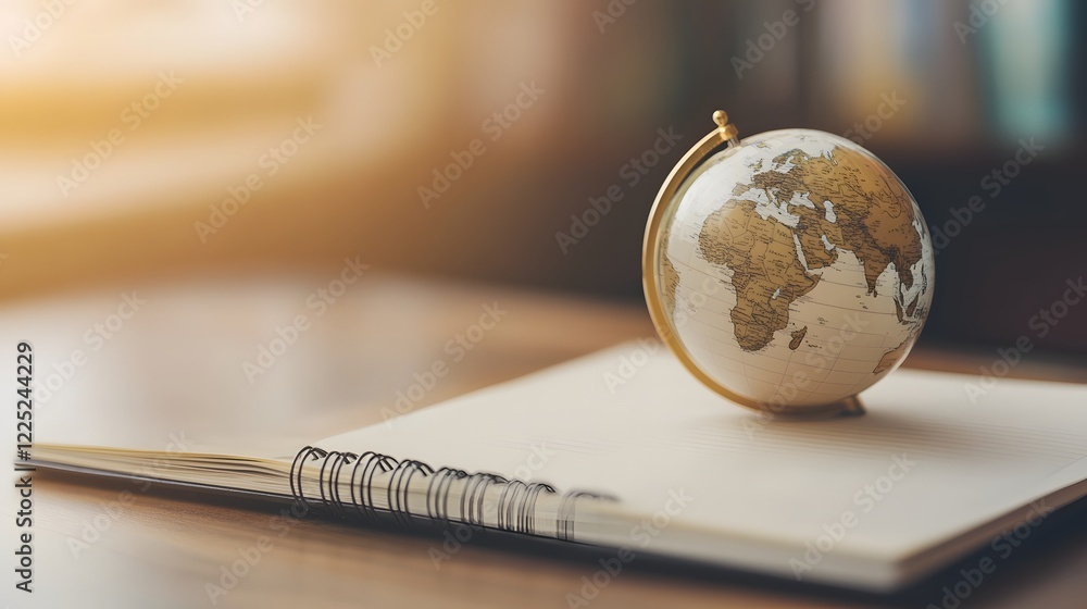 Poster transparent glass globe resting on open notebook with map reflection