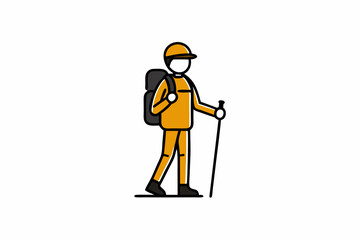 Backpacker with Hiking Poles Silhouette on White Background Vector

