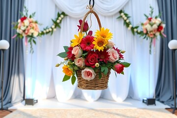Hanging floral basket in front of a decorated wedding backdrop