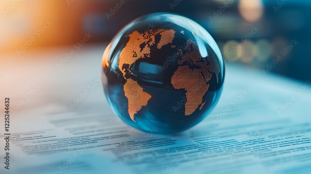 Poster transparent glass globe resting on research document with highlighted text