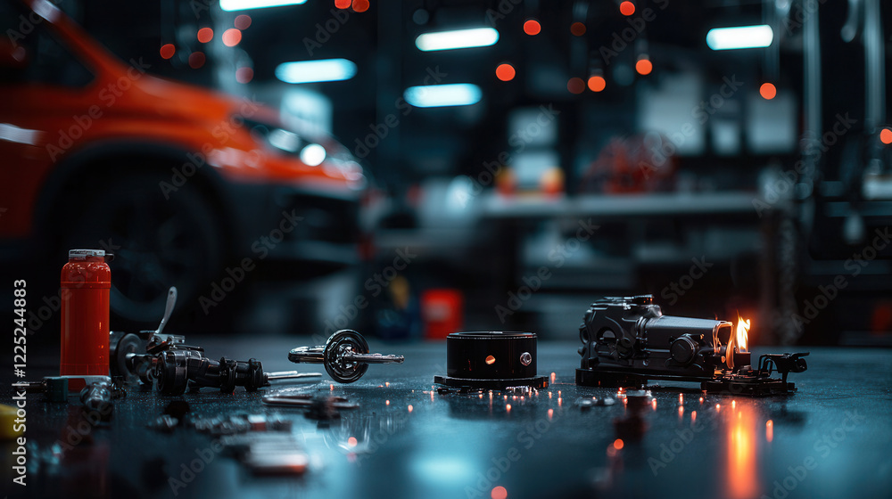 Poster set of car maintenance training tools displayed workshop, showcasing various components and equipmen