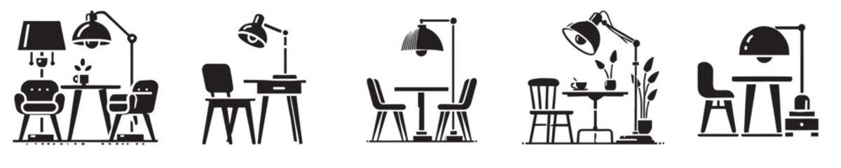 Collection of vector silhouettes of lamps and study tables