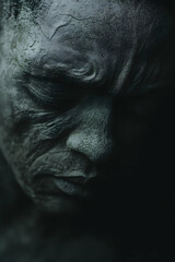 Close-up of an expressive man's face with detailed textures and shadows reflecting deep emotion and introspection