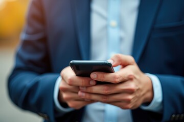 A Focused Individual in a Suit Engages with a Smartphone Amid a Soft Sunset Glow, Emphasizing Connectivity and Modern Professionalism