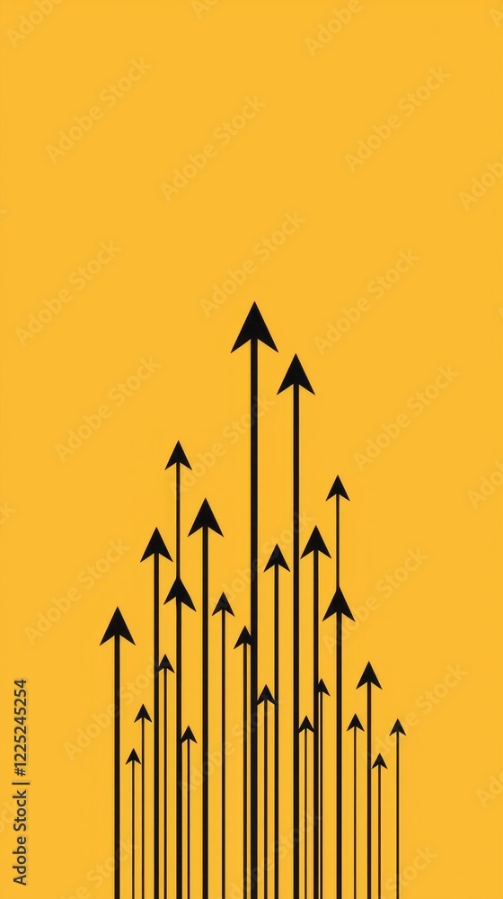 Poster a series of bold black arrows rise upwards on a bright yellow canvas, representing progress and dete