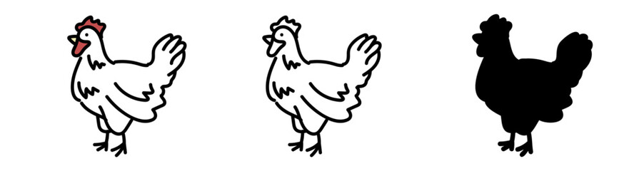 鶏のベクターイラストセット。ニワトリを漫画風に描いたアイコン。可愛いにわとりのイラスト。