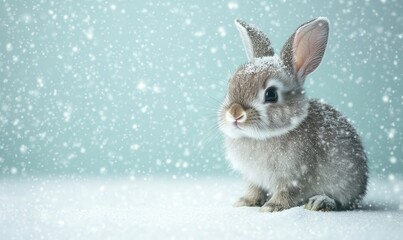 Fototapeta premium Adorable Light Grey Baby Bunny Sitting in Snowy Setting, Front View - Cozy Home Pet Concept, Winter Wonderland Background, Generative AI