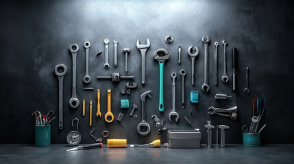 collection of various car repair tools arranged on dark wall, showcasing their functionality and organization