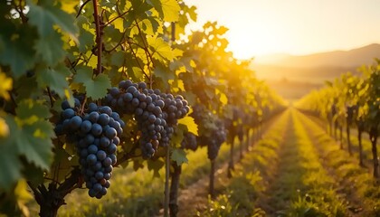 Ripe grapes hanging on the vine during golden hour in a vineyard