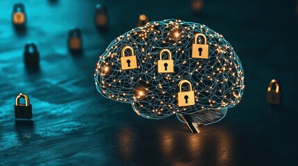 Digital brain with locks symbolizing security and data protection concepts illuminated in a dark setting.