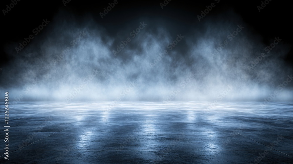 Poster dark stage with fog and shiny floor creating a mysterious and dramatic atmosphere