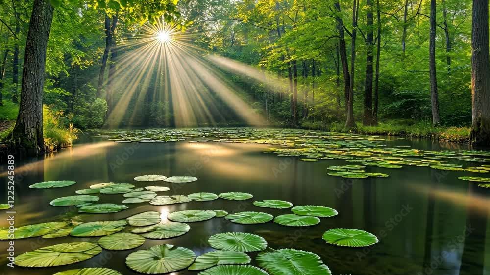 Aufkleber sunlight streams through trees over a serene pond covered with lily pads in a lush forest setting