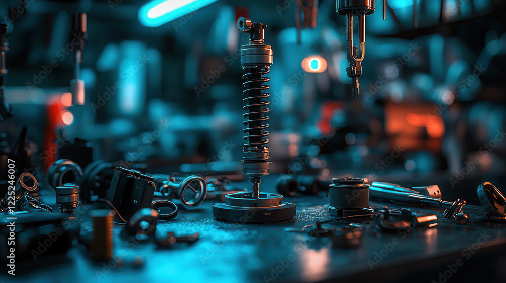 Poster set of car suspension tools and components arranged on workbench, showcasing intricate details and v