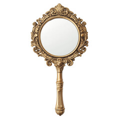 decorative gold hand mirror with intricate carvings  isolated on transparent white background - obrazy, fototapety, plakaty