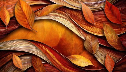 Autumnal Scene Rich Autumn Leaves and Painted Water Shimmer in Orange, Brown, and Gold Tones with a Sublime Backdrop of an Artistic Landscape at Twilight