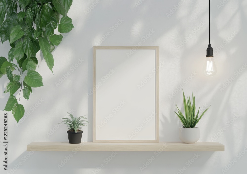 Aufkleber a minimalist shelf displays a blank frame and two potted plants, complemented by a hanging light, cr