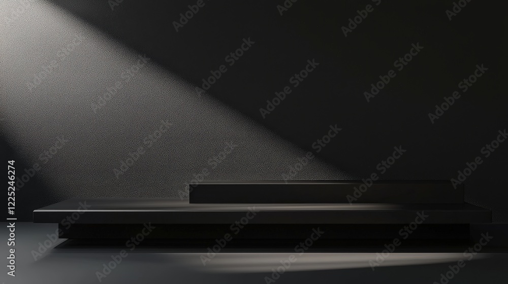 Poster black table illuminated by natural light casting shadows and creating patterns on the surface