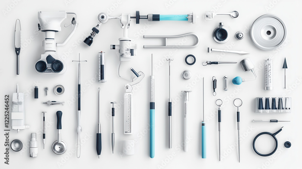 Poster collection of medical diagnostic tools arranged neatly, showcasing precision and functionality