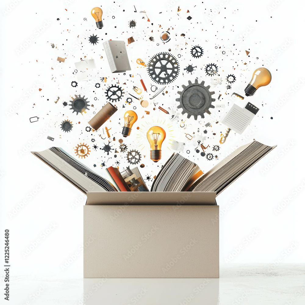 Poster Creative Concept of a Box Bursting with Ideas and Symbolic Objects Representing Innovation