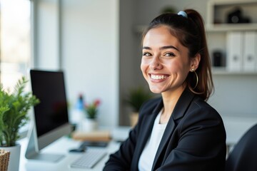 A Confident Young Woman in a Professional Setting, Smiling Brightly While Sitting at a Modern Desk with a Computer and Indoor Plants