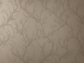 A close-up of light-toned wallpaper. The repeating pattern consists of faint, intertwined plant-like vines and leaves.