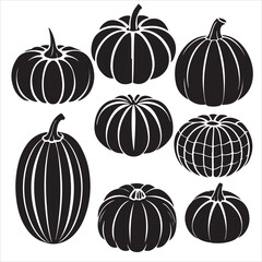 set of pumpkin illustration, outline, vector, silhouette, coloring page on white background for graphic 