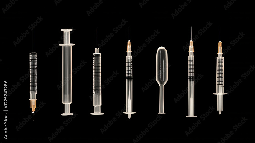 Poster medical syringes and needles arranged in row, showcasing various types and sizes. image highlights t