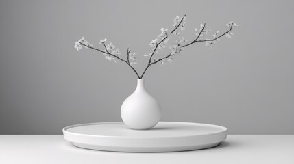 Minimalist still life of white flowers in vase on platform against gray background