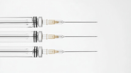 Medical syringes and needles arranged in clean, clinical setting, showcasing precision and sterility