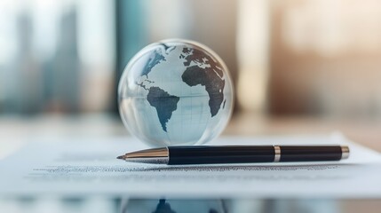 Glass Globe Placed on Contract Document with Pen Beside It Symbolizing Global Significance in