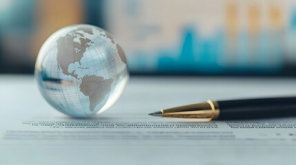 Glass Globe Placed on Formal Business Contract with Pen Signifying Global Significance