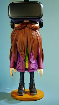 Unique 3D character model wearing virtual reality headset and sporting long hair, designed with playful colors and modern fashion