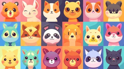 Cartoon Cute Animal Muzzles in Square Faces for Mobile Use