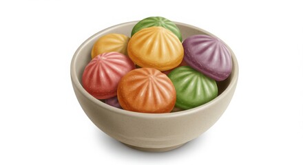 Colorful Bao Buns in a Bowl on White Background