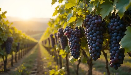 Vineyard with ripe grapes hanging on the vine under the golden sunset