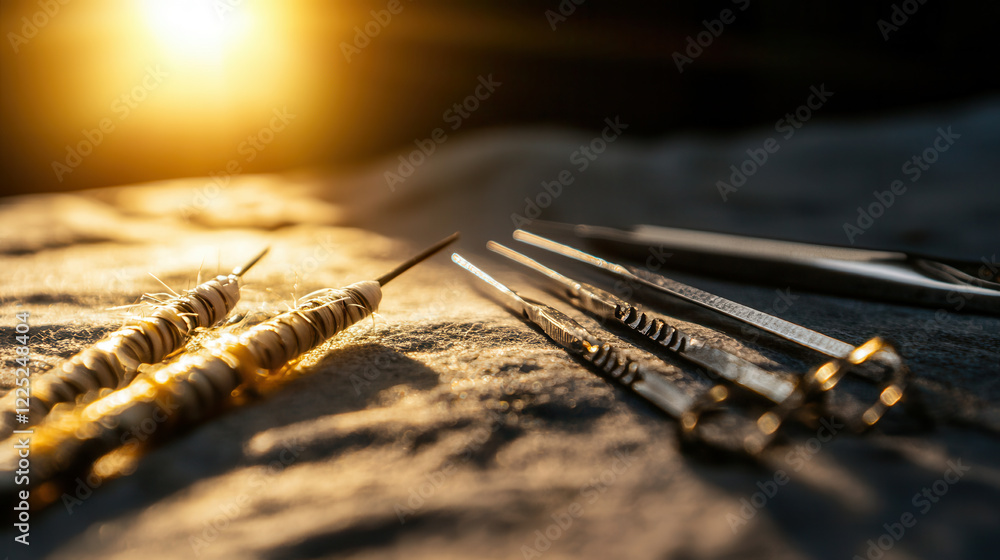 Poster surgical sutures and needles arranged on surface, illuminated by soft light, creating serene atmosph