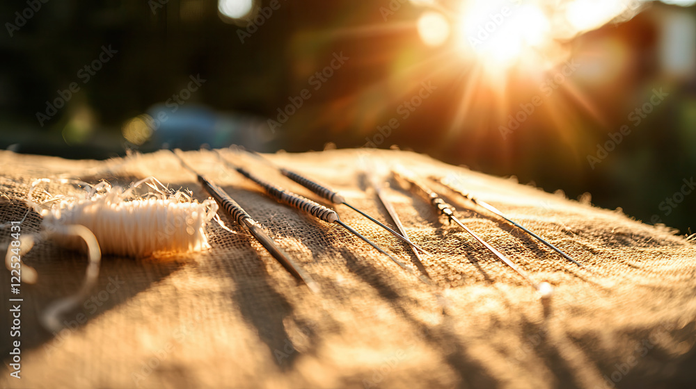 Poster surgical sutures and needles arranged on textured surface, illuminated by sunlight, creating warm an