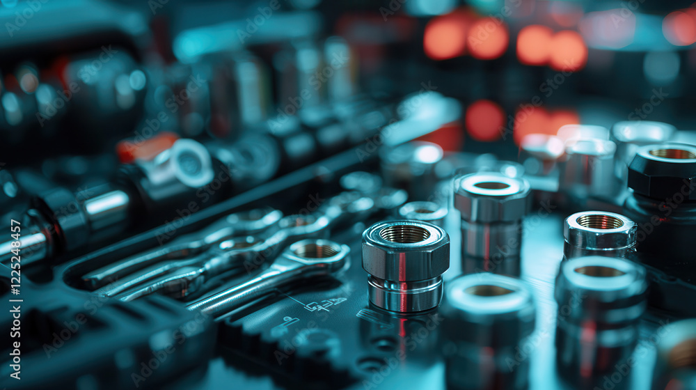 Poster high quality set of torque wrenches and sockets with metallic nuts and bolts, showcasing precision t