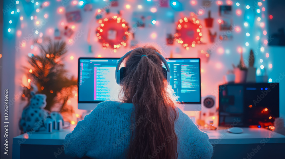 Poster girl coding at night: illuminated workspace with festive lights