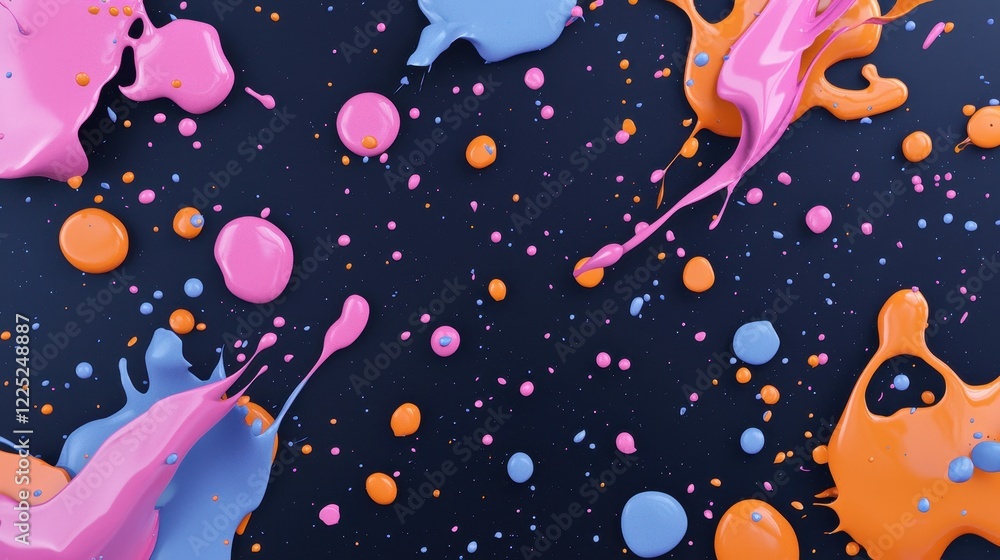 Poster abstract chaotic splatter pattern with fluorescent paint on dark background